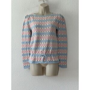 Vintage 80s Pastel Pink Blue Stripe  Sweater Floral Peplum Dainty Cottagecore